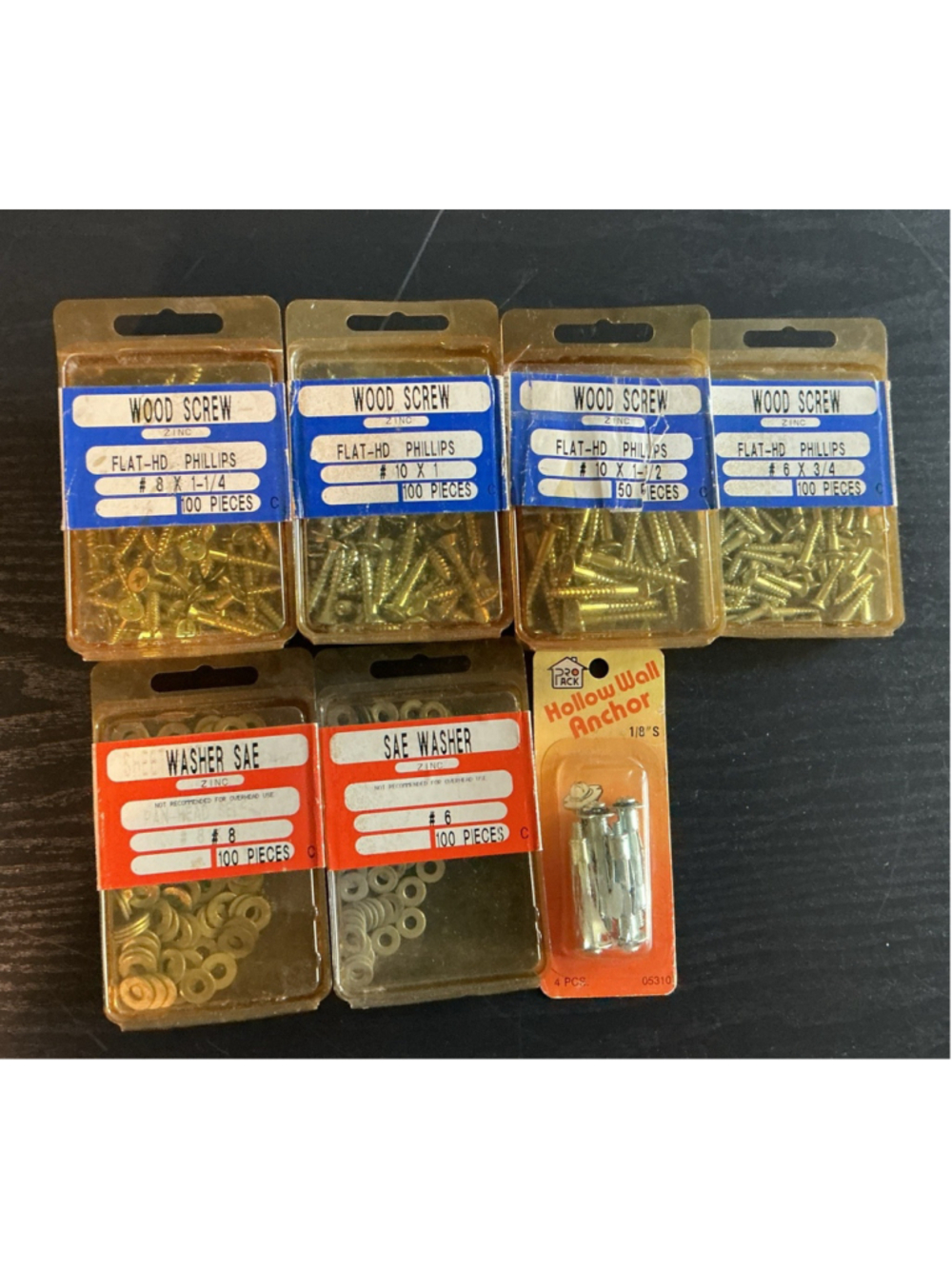 Vintage Lot 7 Packs Wood Screws SAE Washers Hollow Wall Anchors Fasteners NOS.